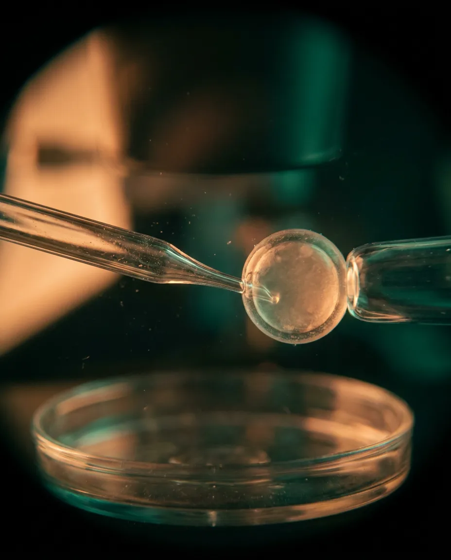 Micropipeta de ICSI injetando espermatozoide em oócito equino no microscópio