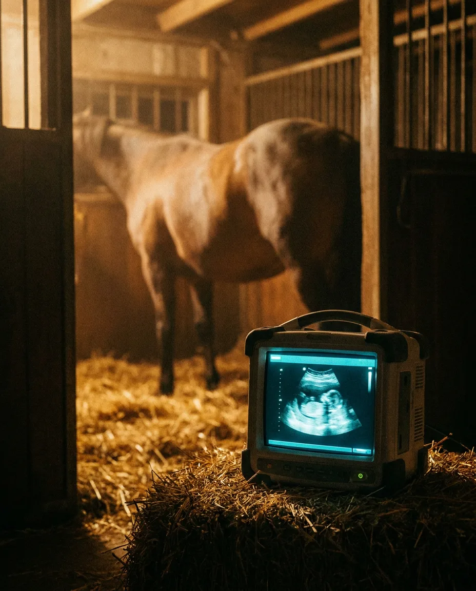 Monitor de ultrassom mostrando feto equino, com égua prenhe ao fundo