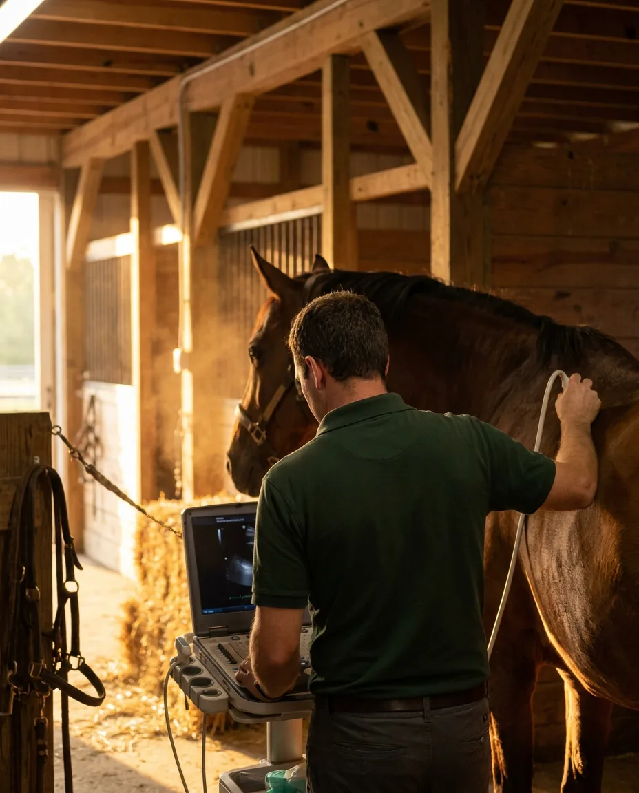 Veterinário fazendo ultrassom reprodutivo em égua dentro do haras